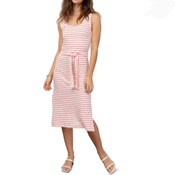 Rails Dress Midi Tie Waist Sleeveless 100% Cotton Knit Ivory Peony Stripe L NWT - Picture 2 of 11